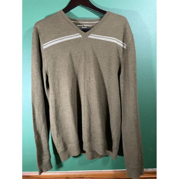 Banana Republic - Brown Knit/White Stripe V-Neck Long Sleeve Sweater - Size L - Picture 1 of 5